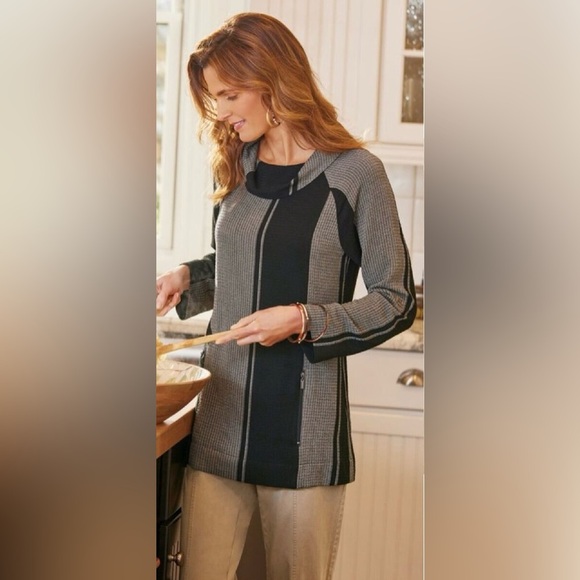 Soft Surroundings Women's Large Black Tan Tunic Top Roll Tab Sleeve Cowl Stripes - Picture 1 of 16